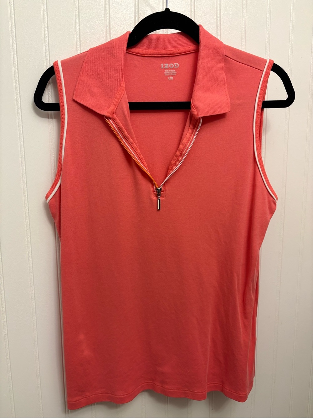 Izod Sleeveless Coral Zip Polo Top with White Trim